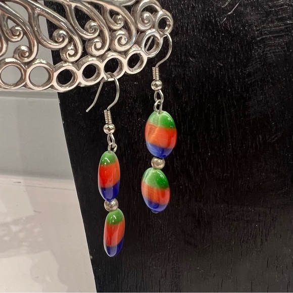 Rainbow Color Cat’s Eye Stone Wire Strung Necklace and Dangle Drop Earrings Set - Picture 3 of 6